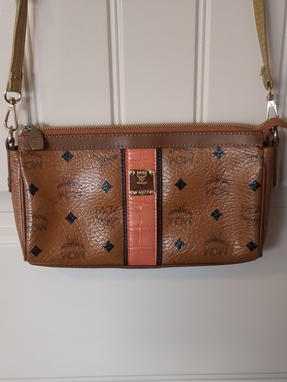 MCM Congac Leather Crossbody with Coral Stripe